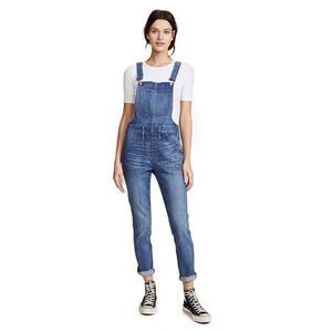 Madewell Stovepipe Denim Overalls Small Slim Straight Leg Medium Wash Raw Hem